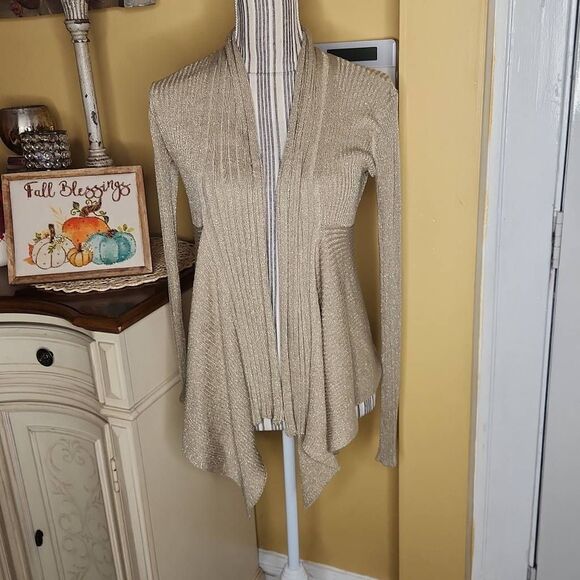 Jaclyn Smiith dressy tan open cardigan metallic sweater women's size S - Picture 1 of 5